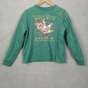 Mighty Fine Sweatshirt Womens Medium Green Christmas Cat Graphic Fleece Lined